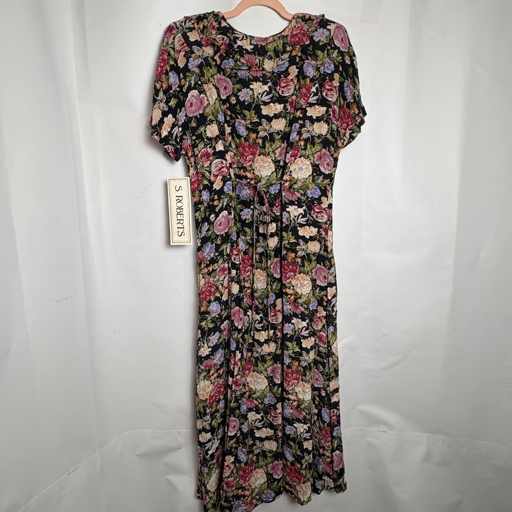 NWT S. Roberts Vintage 90s Dark Floral Maxi Dress Button Front Ruffle 13/14 - Picture 8 of 9
